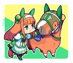 Rule 34 | 1girl, 1other, animal ears, birthday, black gloves, black pantyhose, blunt bangs, chibi, commentary request, creature and personification, dated, ear covers, frilled skirt, frills, gloves, green background, green eyes, hairband, highres, hime cut, horse, horse ears, horse girl, horse tail, long hair, looking at another, orange hair, pantyhose, pleated skirt, puffy sleeves, real life, sidelocks, silence suzuka (racehorse), silence suzuka (umamusume), skirt, smile, tail, takatsuki nato, two-tone background, umamusume, white footwear, white hairband, white skirt, yellow background