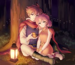 Rule 34 | 1boy, 1girl, belt, boots, breasts, brown hair, bartz klauser, cape, closed mouth, dress, earrings, final fantasy, final fantasy v, full body, green eyes, jewelry, lenna charlotte tycoon, music box, negitoro now, pink hair, short hair, smile, tree