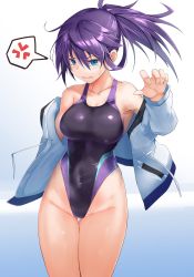 Rule 34 | 1girl, anger vein, angry, armpits, black one-piece swimsuit, blue background, blue eyes, breasts, cleavage, collarbone, commentary request, competition swimsuit, covered navel, cowboy shot, gradient background, groin, highleg, highleg swimsuit, imura (shiro maru), jacket, long hair, looking at viewer, multicolored clothes, multicolored swimsuit, one-piece swimsuit, original, ponytail, purple hair, shiro maru, sideboob, solo, spoken anger vein, swimsuit, thick thighs, thigh gap, thighs, thighs together, white background, white jacket