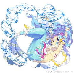 Rule 34 | 1girl, air bubble, blue eyes, blue hair, breasts, bubble, floating hair, full body, large breasts, long hair, looking at viewer, mansu, matching hair/eyes, mermaid, monster girl, official art, original, ribbon, simple background, solo, underwater, white background