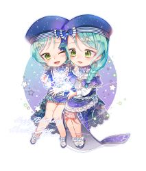 Rule 34 | 2girls, :d, ;d, alternate hairstyle, aqua hair, artist name, bang dream!, beret, blue bow, blue capelet, blue headwear, blue neckwear, blush, bobby socks, bow, bowtie, braid, brooch, capelet, center frills, character name, constellation hair ornament, constellation print, dress, earrings, frilled capelet, frilled dress, frills, gemini (constellation), green eyes, hair bow, happy birthday, hat, hat bow, high heels, highres, hikawa hina, hikawa sayo, jewelry, leglet, long hair, long sleeves, milcona, multiple girls, neck ribbon, one eye closed, open mouth, outline, overskirt, print headwear, ribbon, short hair, siblings, single braid, sisters, smile, socks, star (symbol), starry sky print, striped bow, striped bowtie, striped clothes, striped neckwear, twin braids, twins, white outline, white socks