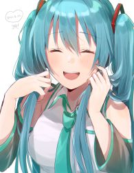 Rule 34 | 1girl, aqua eyes, aqua hair, aqua necktie, black sleeves, blush, closed eyes, clothing cutout, detached sleeves, harusawa, hatsune miku, highres, holding, holding hair, necktie, open mouth, playing with own hair, shoulder cutout, smile, solo, twintails, vocaloid, white background