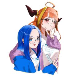 Rule 34 | 2girls, absurdres, ahoge, arm around neck, artist self-insert, blue eyes, blue hair, breasts, dragon horns, eyebrows hidden by hair, fang, forehead, glasses, height difference, highres, hololive, horns, kiryu coco, large breasts, medium breasts, multicolored hair, multiple girls, orange hair, original, pointy ears, red eyes, skin fang, streaked hair, tongue, tongue out, two-tone hair, v, virtual youtuber, yo na