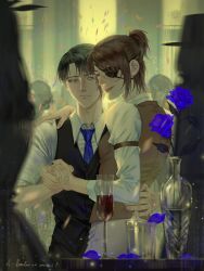Rule 34 | 1boy, 1girl, a healer, alternate costume, black eyes, black hair, blue necktie, brown hair, closed mouth, commentary, commentary request, cup, dancing, dated, drinking glass, english commentary, eyepatch, eyewear on head, glasses, hange zoe, highres, holding hands, indoors, levi (shingeki no kyojin), long sleeves, mixed-language commentary, necktie, one eye covered, shingeki no kyojin, shirt, short hair, signature, smile, white shirt, wine glass