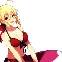 Rule 34 | 10s, 1girl, ahoge, artoria pendragon (all), artoria pendragon (fate), bikini, blonde hair, breasts, cleavage, extraction, fate/extra, fate/stay night, fate (series), female focus, green eyes, hair ribbon, highres, jianren, large breasts, looking at viewer, nero claudius (fate), nero claudius (fate), nero claudius (fate/extra), open mouth, red bikini, red ribbon, ribbon, saber (fate), solo, swimsuit, transparent background, wet