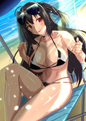 Rule 34 | 1girl, absurdres, agachi (shunya12300724), azur lane, bad id, bad pixiv id, beach, beach umbrella, bikini, black hair, breasts, chair, closed mouth, collar, collarbone, day, eyewear on head, highres, large breasts, leg up, light rays, long hair, looking at viewer, ocean, official alternate costume, outdoors, red eyes, sand, sitting, smile, sunbeam, sunglasses, sunlight, swimsuit, taihou (azur lane), taihou (enraptured companion) (azur lane), tongue, tongue out, two side up, umbrella