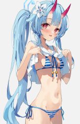 Rule 34 | 1girl, :d, bare shoulders, bikini, blue archive, blue hair, blush, breasts, chise (blue archive), chise (swimsuit) (blue archive), commentary request, flower, grey background, groin, hair flower, hair ornament, halo, hands up, highres, horns, long hair, looking at viewer, medium breasts, navel, oni, oni horns, open mouth, red eyes, sailor collar, side-tie bikini bottom, side ponytail, simple background, smile, solo, striped bikini, striped clothes, swimsuit, unacchi (nyusankin), very long hair, white flower, white sailor collar