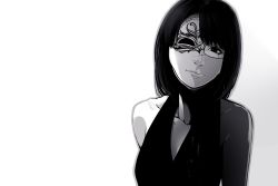 Rule 34 | 1girl, black hair, blood, bloody tears, character request, collarbone, commentary request, copyright request, cracked mask, dress, evening gown, halter dress, halterneck, highres, lips, mask, monochrome, poaro, simple background, solo, spot color, tears, white background