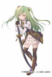 Rule 34 | 1girl, alexmaster, black dress, black gloves, black thighhighs, blush, boots, brown eyes, brown footwear, center frills, character request, commentary request, copyright notice, dress, frills, full body, gloves, green hair, hair ornament, hand on hilt, juliet sleeves, katana, knee boots, long hair, long sleeves, looking at viewer, official art, open mouth, own hands together, puffy sleeves, sennen sensou aigis, sheath, sheathed, shirt, simple background, solo, standing, standing on one leg, sword, thighhighs, two side up, very long hair, watermark, weapon, white background, white shirt