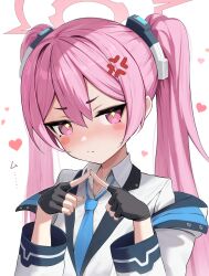 Rule 34 | 1girl, absurdres, anger vein, angry, black gloves, blazer, blue archive, blue necktie, blush stickers, coat, collared shirt, commentary request, finger touching, fingerless gloves, frown, gloves, hair between eyes, hair ornament, halo, heart, hidulume, highres, jacket, koyuki (blue archive), long hair, long sleeves, looking at viewer, necktie, open clothes, open coat, pink eyes, pink hair, school uniform, shirt, sidelocks, simple background, solo, symbol-shaped pupils, translation request, twintails, v-shaped eyebrows, white background, white coat, white shirt