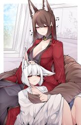 Rule 34 | 2girls, absurdres, amagi (azur lane), animal ears, azur lane, blush, breasts, brown hair, cleavage, closed eyes, eyeshadow, facing viewer, fox ears, fox girl, fox tail, hair between eyes, hand on another&#039;s head, hand on own chest, headpat, highres, holding another&#039;s tail, hugging another&#039;s tail, hugging tail, indoors, japanese clothes, kaga (azur lane), kimono, kitsune, knees up, large breasts, leaning on person, long hair, looking at another, looking down, makeup, medium hair, multiple girls, multiple tails, musical note, print kimono, purple eyes, red eyeshadow, red kimono, relaxing, samip, slit pupils, smile, tail, very long hair, white hair, white kimono