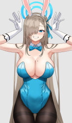 Rule 34 | 1girl, absurdres, animal ears, arms up, asuna (blue archive), asuna (bunny) (blue archive), blue archive, blue bow, blue bowtie, blue eyes, blue leotard, bow, bowtie, breasts, cleavage, cowboy shot, detached collar, fake animal ears, fujioni, gloves, gluteal fold, grey background, hair over one eye, halo, highres, large breasts, leotard, looking at viewer, mole, mole on breast, one eye covered, open mouth, pantyhose, playboy bunny, rabbit ears, simple background, smile, solo, strapless, strapless leotard, thigh gap, white gloves