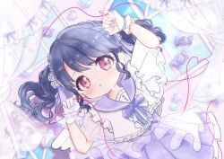 Rule 34 | 1girl, absurdres, black hair, commentary request, cottonplum, flower, fukumaru koito, gloves, hair flower, hair ornament, highres, idolmaster, idolmaster shiny colors, looking at viewer, lying, neck ribbon, on back, pleated skirt, purple eyes, purple nails, purple skirt, ribbon, sailor collar, shirt, single glove, skirt, solo, string, string of fate, twintails, white gloves, white shirt