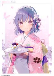 Rule 34 | 1girl, 6u (eternal land), absurdres, apron, blurry, blurry background, blush, cherry, closed mouth, floral print, food, fruit, gradient background, hair ornament, headdress, highres, holding, japanese clothes, kimono, lips, looking at viewer, original, page number, petals, purple eyes, purple hair, scan, short hair, smile, solo, tray, waist apron, wide sleeves
