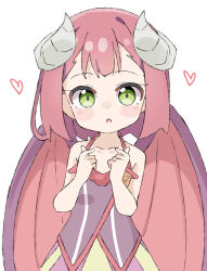 Rule 34 | 1girl, :o, bare arms, bare shoulders, blush stickers, collarbone, commentary request, demon girl, demon horns, demon wings, dress, endro!, green eyes, hands up, heart, highres, horns, kapuru 0410, looking at viewer, mao (endro!), parted lips, purple dress, red hair, red wings, simple background, sleeveless, sleeveless dress, solo, white background, wings