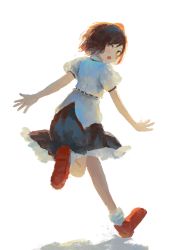 Rule 34 | 1girl, back, black skirt, blush, brown hair, commentary request, fjsmu, frills, from behind, grey shirt, grey socks, hat, highres, leg up, looking back, open mouth, orange hat, puffy short sleeves, puffy sleeves, red eyes, red footwear, running, shameimaru aya, shirt, shoes, short hair, short sleeves, simple background, skirt, socks, solo, tokin hat, touhou, white background