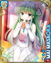 Rule 34 | 1girl, alternate hairstyle, cake, card (medium), chinese clothes, closed mouth, day, dress, elbow gloves, food, girlfriend (kari), gloves, grey eyes, indoors, leggings, long hair, looking at viewer, masaoka mai, official art, qp:flapper, sitting, smile, solo focus, tagme, thighhighs, white dress, white gloves, white leggings