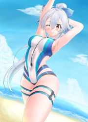 Rule 34 | 1girl, arm behind head, armpits, arms up, beach, blue bow, blue one-piece swimsuit, blue sky, blush, bow, breasts, cloud, commentary request, competition swimsuit, day, fate/grand order, fate (series), hair between eyes, hair bow, highres, large breasts, long hair, looking at viewer, multicolored clothes, multicolored swimsuit, ocean, one-piece swimsuit, one eye closed, outdoors, ponytail, red eyes, silver hair, sky, slit pupils, smile, solo, swimsuit, tomoe gozen (fate), tomoe gozen (swimsuit saber) (fate), tomoe gozen (swimsuit saber) (first ascension) (fate), tsuchinari yumiichi, very long hair, white one-piece swimsuit