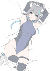 Rule 34 | 1girl, animal ear fluff, animal ears, arms up, black gloves, black thighhighs, blue archive, blue eyes, blue leotard, blue ribbon, boots, breasts, breasts apart, closed mouth, cross hair ornament, elbow gloves, fingerless gloves, gloves, grey hair, hair ornament, highres, knees up, leotard, looking at viewer, lying, maid headdress, medium breasts, mismatched pupils, on back, ribbon, shiroko (blue archive), short hair, solo, t1kosewad, thigh boots, thigh strap, thighhighs