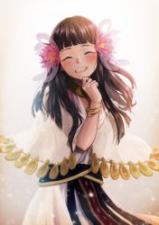 Rule 34 | 1girl, ^ ^, absurdres, blunt bangs, blush, bracelet, brown hair, closed eyes, coin, cowboy shot, dark-skinned female, dark skin, dress, egyptian clothes, facing viewer, fate/prototype, fate (series), flower, hair flower, hair ornament, happy, highres, jewelry, long hair, lotus, necklace, nefertari (fate), pink flower, poncho, robe, sash, see-through, simple background, sknsknss, smile, solo