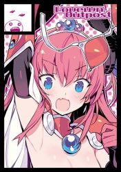 Rule 34 | 1girl, armpits, bikini, unworn bikini, black border, blade (galaxist), blue eyes, blush, border, breasts, circle cut, commentary request, crown, elbow gloves, elizabeth bathory (brave) (fate), elizabeth bathory (fate), fang, fate/grand order, fate (series), gloves, gradient eyes, hand up, long hair, looking at viewer, maid, maid bikini, multicolored eyes, out-of-frame censoring, pink background, purple eyes, slit pupils, small breasts, solo, swimsuit, unconventional maid, wardrobe malfunction