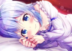 Rule 34 | 1girl, bad id, bad twitter id, bed sheet, blue eyes, blue hair, blurry, blush, breasts, commentary request, depth of field, downblouse, gochuumon wa usagi desu ka?, highres, kafuu chino, lens flare, long hair, long sleeves, looking at viewer, lying, off shoulder, on bed, on side, rouka (akatyann), small breasts, solo, tareme