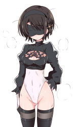 Rule 34 | 1girl, 2b (nier:automata), 2b (nier:automata) (cosplay), black hair, black thighhighs, blindfold, breasts, cleavage, cleavage cutout, closed mouth, clothing cutout, cosplay, covered navel, cowboy shot, dirty, facing viewer, gloves, hair ornament, hand on own hip, highleg, highleg leotard, highres, hololive, itamochi, juliet sleeves, leotard, long sleeves, medium breasts, nier:automata, nier (series), oozora subaru, puffy sleeves, short hair, simple background, solo, standing, thighhighs, virtual youtuber, white background, white gloves, white leotard