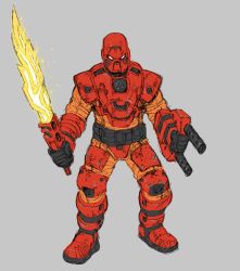 Rule 34 | 1boy, armor, bionicle, fire, flaming sword, flaming sword, flaming weapon, grey background, highres, holding, holding weapon, jeetdoh, kanohi (bionicle), lego, mask, no humans, red eyes, robot, sword, tahu (bionicle), the lego group, weapon