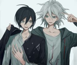 Rule 34 | 2boys, ahoge, black hair, coat, collarbone, collared shirt, commentary request, danganronpa (series), danganronpa 2: goodbye despair, danganronpa v3: killing harmony, green coat, grey eyes, grey hair, grey shirt, hair between eyes, hand on own chest, highres, holding, holding clothes, holding jacket, hood, hooded coat, index finger raised, iumi urura, jacket, komaeda nagito, long fingers, long sleeves, looking at another, male focus, messy hair, multiple boys, open clothes, open coat, open mouth, print shirt, saihara shuichi, shirt, simple background, smile, upper body