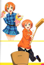 Rule 34 | 10s, 1girl, absurdres, crepe, food, green eyes, hair ornament, hairclip, highres, holding, hoshizora rin, looking at viewer, love live!, love live! school idol festival, love live! school idol project, multiple views, non-web source, open mouth, orange hair, pants, scan, short hair, simple background, skirt, smile