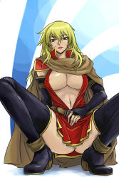 Rule 34 | 1girl, blonde hair, boots, breasts, cape, covered erect nipples, elbow gloves, fire emblem, fire emblem: the binding blade, gloves, igrene (fire emblem), large breasts, long hair, michael f91, mole, mole under eye, nintendo, no panties, open clothes, open shirt, shirt, solo, spread legs, squatting, thigh boots, thighhighs, yellow eyes