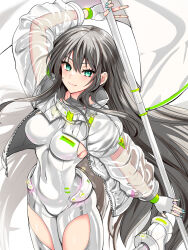 Rule 34 | 1girl, blue nails, bodysuit, breasts, closed mouth, copyright request, fingerless gloves, fingernails, flag, gloves, green eyes, grey hair, grey jacket, highres, holding, holding flag, jacket, kojima saya, long hair, looking at viewer, medium breasts, nail polish, open clothes, open jacket, race queen, see-through, see-through sleeves, shoes, smile, solo, standing, standing on one leg, very long hair, white bodysuit, white footwear, white gloves