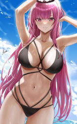 Rule 34 | 1girl, armpits, arms up, bikini, black bikini, blue sky, blunt bangs, breasts, cleavage, collarbone, day, dutch angle, grin, halterneck, highres, hololive, hololive english, large breasts, long hair, looking at viewer, mori calliope, multi-strapped bikini, navel, outdoors, pink eyes, pink hair, piukute062, signature, skindentation, sky, smile, solo, stomach, string bikini, swimsuit, tiara, very long hair, virtual youtuber, water, wet, wet hair