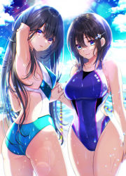 Rule 34 | 2girls, black hair, blue eyes, blue one-piece swimsuit, blue sky, breasts, cloud, commentary request, commission, competition swimsuit, cowboy shot, day, hair ornament, hairclip, highres, holding hands, large breasts, long hair, looking at viewer, medium breasts, multiple girls, one-piece swimsuit, original, outdoors, pixiv commission, red eyes, short hair, sky, standing, swimsuit, tsurugi hikaru, wet, wet clothes, wet swimsuit