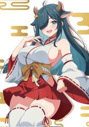 Rule 34 | 1girl, ahoge, amano nene (vtuber), amano nene (vtuber) (shrine maiden), animal ears, aqua eyes, bare shoulders, blue hair, breasts, choker, collarbone, corrupted twitter file, cow ears, dark blue hair, detached sleeves, egasumi, hair over one eye, highres, hip vent, japanese clothes, large breasts, long hair, looking at viewer, miko, nontraditional miko, open mouth, production kawaii, rin ateria, second-party source, sideboob, skirt, sleeveless, solo, thighhighs, virtual youtuber, white background, wide sleeves