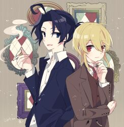 Rule 34 | 2boys, ahoge, argyle, blonde hair, blue eyes, blue hair, blue jacket, brown background, brown jacket, brown suit, buttoned cuffs, cigarette, closed mouth, collared shirt, commentary request, formal, hand on own chin, holding, holding cigarette, jacket, long sleeves, looking at another, multiple boys, necktie, open mouth, parted bangs, picture frame, red eyes, red necktie, sherlock holmes (yuukoku no moriarty), shirt, short hair, short ponytail, smile, smoke, suit, thinking, white shirt, william james moriarty, wooden wall, yoshiki, yuukoku no moriarty