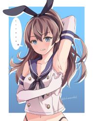 Rule 34 | ..., armpits, black hairband, black neckerchief, black panties, blue eyes, blue sailor collar, brown hair, commentary request, cosplay, crop top, elbow gloves, gloves, hairband, highleg, highleg panties, highres, kantai collection, kukimaru, kumano (kancolle), long hair, looking at viewer, miniskirt, neckerchief, one-hour drawing challenge, panties, ponytail, presenting armpit, sailor collar, shimakaze (kancolle), shimakaze (kancolle) (cosplay), shirt, skirt, sleeveless, sleeveless shirt, spoken ellipsis, striped clothes, striped thighhighs, thighhighs, underwear, upper body, white gloves, wince