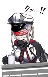 Rule 34 | !, !!, 1girl, ace attorney, black gloves, blonde hair, breasts, capelet, commentary request, cosplay, covered eyes, cup, female focus, gloves, godot (ace attorney), godot (ace attorney) (cosplay), graf zeppelin (kancolle), grin, hat, highres, i.f.s.f, kantai collection, large breasts, long hair, mug, necktie, peaked cap, phoenix wright: ace attorney - trials and tribulations, shade, simple background, smile, solo, trait connection, twintails, visor, white background