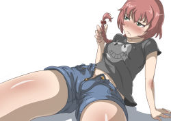 Rule 34 | 1girl, arm support, blush, bow, braid, breasts, covered erect nipples, darker than black, green eyes, hair bow, legs, long hair, open fly, red hair, ruffling hair, shirt, shorts, simple background, single braid, sitting, small breasts, solo, suou pavlichenko, t-shirt, tashiromotoi, thighs, unzipped