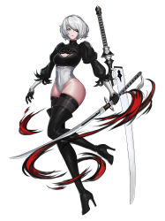 Rule 34 | 1girl, absurdres, boots, breasts, cleavage, cleavage cutout, clothing cutout, eyepatch, feather-trimmed sleeves, hella p, high heel boots, high heels, highres, leotard, looking at viewer, nier (series), nier:automata, one eye covered, puffy sleeves, short hair, silver hair, simple background, skindentation, solo, sword, thigh boots, thighhighs, thighs, weapon, weapon on back, white background, 2b (nier:automata)