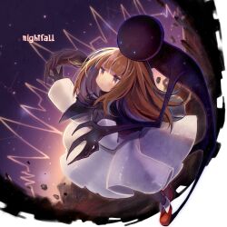 Rule 34 | 1boy, 1girl, black capelet, black gloves, black pantyhose, blue eyes, blunt bangs, boots, brown eyes, brown hair, capelet, claws, clenched hand, collared capelet, commentary request, constellation, deemo, deemo (character), dress, dusk, english text, full body, girl (deemo), gloves, hand on own chest, high collar, highres, light blush, long hair, long sleeves, medium dress, night, night sky, outstretched hand, pantyhose, parted lips, pleated skirt, red footwear, rock, shadow, silhouette, skirt, sky, solid circle eyes, star (sky), starry sky, usamata, white dress, white sleeves