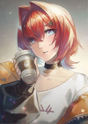 Rule 34 | 1girl, a-er (akkij0358), ange katrina, ange katrina (5th costume), blue eyes, choker, coffee cup, crossed bangs, cup, disposable cup, grey background, highres, jacket, looking at viewer, nijisanji, open clothes, open jacket, red hair, short hair, solo, upper body, virtual youtuber