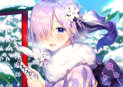 Rule 34 | 1girl, :d, alternate costume, blue sky, blurry, blurry background, blush, bow, commentary request, creature, day, depth of field, fate/grand order, fate (series), floral print, flower, fou (fate), fur collar, hair flower, hair ornament, hair over one eye, holding, japanese clothes, kimono, looking at viewer, looking to the side, mash kyrielight, masuishi kinoto, omikuji, open mouth, outdoors, pink hair, print kimono, purple bow, purple eyes, purple kimono, sky, smile, snow, upper body, white flower