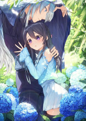 Rule 34 | 1boy, 1girl, arm up, bare shoulders, black hair, black pants, black shirt, black thighhighs, blue eyes, blue flower, blue shirt, blush, braid, clothing cutout, collared shirt, commentary request, day, flower, hair between eyes, hand on another&#039;s shoulder, highres, hu kotora, hydrangea, jacket, long hair, long sleeves, original, outdoors, pants, parted lips, pleated skirt, profile, purple eyes, rain, shirt, shoulder cutout, silver hair, skirt, sleeves past wrists, thighhighs, very long hair, white jacket, white skirt