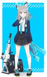 Rule 34 | 1girl, adjusting clothes, adjusting necktie, animal ear fluff, animal ears, assault rifle, bag, blue archive, blue eyes, blue jacket, blue scarf, breast pocket, cross hair ornament, extra ears, full body, grey hair, gun, hair ornament, halo, high-waist skirt, highres, hoshino ouka, id card, jacket, kneehighs, medium hair, mismatched pupils, necktie, open clothes, open jacket, plaid, plaid skirt, pleated skirt, pocket, rifle, scarf, school bag, school uniform, shiroko (blue archive), shirt, shirt tucked in, shoes, sig sauer, sig sauer 556, skirt, sneakers, socks, solo, striped clothes, striped scarf, weapon, white shirt, wolf ears