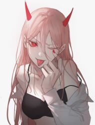 Rule 34 | 1girl, black bra, bra, chainsaw man, cross-shaped pupils, fang, hair between eyes, hand in own hair, highres, horns, kkamiiz, long hair, nail polish, one eye closed, pink hair, power (chainsaw man), red eyes, red horns, red nails, shirt, simple background, smile, solo, symbol-shaped pupils, tongue, tongue out, underwear, white background, white shirt