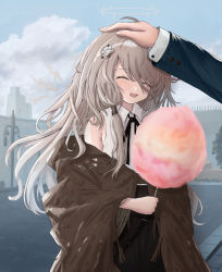 Rule 34 | 1boy, 1girl, :d, absurdres, ahoge, arknights, black ribbon, brown jacket, cecelia (arknights), closed eyes, cloud, cloudy sky, collared shirt, cotton candy, cranes (hiroro1), day, detached wings, enforcer (arknights), flower, food, hair flower, hair ornament, halo, headpat, highres, holding, holding food, jacket, light blush, light brown hair, long hair, mini wings, neck ribbon, open mouth, ribbon, shirt, sky, sleeveless, sleeveless shirt, smile, solo focus, upper body, very long hair, white shirt, wings