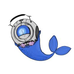 Rule 34 | 1other, bee rosmyth, commentary, crack, english commentary, full body, highres, mermaid, mermay 2024, monster girl, personality core, portal, portal (series), portal 2, shell, shell bikini, simple background, solo, wheatley, white background