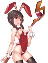 Rule 34 | 1girl, alternate costume, animal ears, black thighhighs, blackheartxiii, blush, bow, bowtie, breasts, brown hair, clothing cutout, covered navel, cowboy shot, detached collar, fake animal ears, fake tail, fang, gluteal fold, groin, heart cutout, highres, kono subarashii sekai ni shukufuku wo!, leotard, looking at viewer, medium breasts, medium hair, megumin, open mouth, playboy bunny, rabbit ears, rabbit tail, red bow, red bowtie, red eyes, short hair with long locks, simple background, skindentation, sleeveless, solo, staff, sweat, tail, thighhighs, white background, wrist cuffs