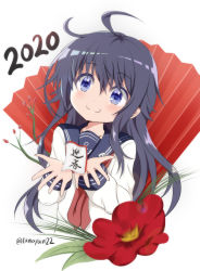 Rule 34 | 1girl, 2020, ahoge, akatsuki (kancolle), black hair, blue sailor collar, blush, closed mouth, commentary request, cropped torso, flower, folding fan, hair between eyes, hand fan, highres, kantai collection, long sleeves, looking at viewer, neckerchief, new year, purple eyes, red flower, red neckerchief, sailor collar, school uniform, serafuku, shirt, smile, solo, tamayan, twitter username, upper body, white background, white shirt